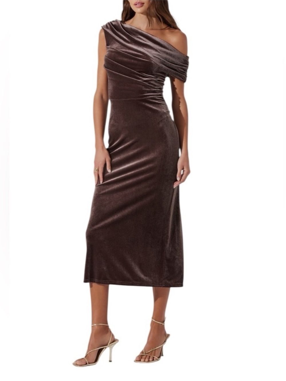 NEW Astr The Label Drop Shoulder Velvet Midi Dress in Taupe M